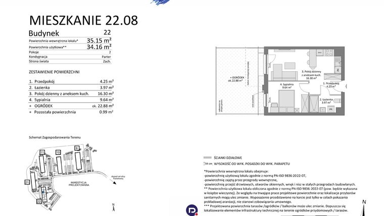 Rzut - Mieszkanie na sprzedaż 2 pokoje o powierzchni 34,16 m² - numer 22.08 w Osiedle Pastelowe etap IV