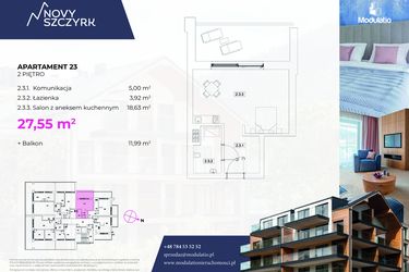 Rzut - Mieszkanie na sprzedaż 1 pokój o powierzchni 27,55 m² - numer 23 w Novy Szczyrk