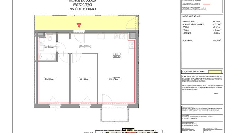 Rzut - Mieszkanie na sprzedaż 3 pokoje o powierzchni 51,53 m² - numer M13 w Pękowicka 94