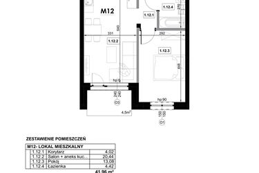 Rzut - Mieszkanie na sprzedaż 2 pokoje o powierzchni 41,96 m² - numer M12 w Miejska Premium II