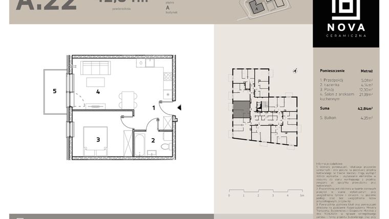 Rzut - Mieszkanie na sprzedaż 2 pokoje o powierzchni 42,84 m² - numer A22 w Nova Ceramiczna
