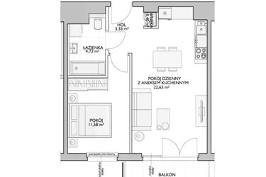 Rzut - Mieszkanie na sprzedaż 2 pokoje o powierzchni 44,01 m² - numer WO/P33/22 w Wiszące Ogrody