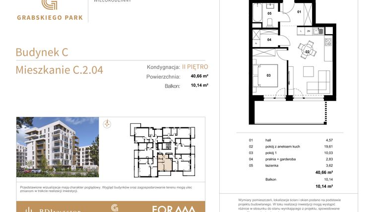 Rzut - Mieszkanie na sprzedaż 2 pokoje o powierzchni 40,66 m² - numer C.2.04 w Grabskiego Park