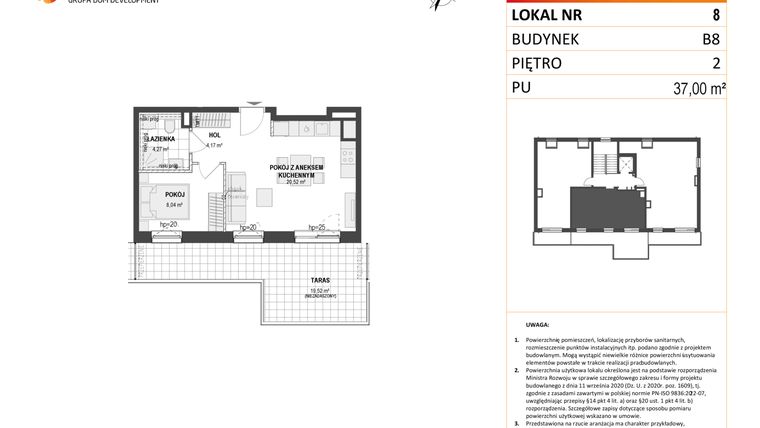 Rzut - Mieszkanie na sprzedaż 2 pokoje o powierzchni 37 m² - numer B8 8 w Wzgórze Markowca
