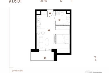 Rzut - Mieszkanie na sprzedaż 1 pokój o powierzchni 31,35 m² - numer A1.6.01 w Belg Apartamenty etap II
