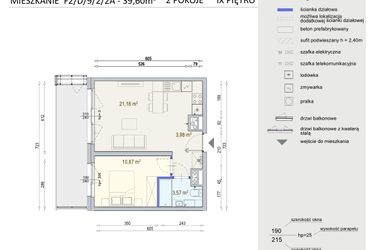 Rzut - Mieszkanie na sprzedaż 2 pokoje o powierzchni 39,6 m² - numer D/9/2/2A w Modern Mokotów bud. F1 i F2