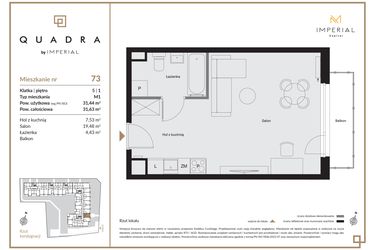 Rzut - Mieszkanie na sprzedaż 1 pokój o powierzchni 31,44 m² - numer 73 w QUADRA