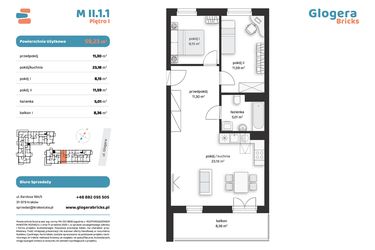 Rzut - Mieszkanie na sprzedaż 3 pokoje o powierzchni 59,23 m² - numer M II.1.1 w Glogera Bricks