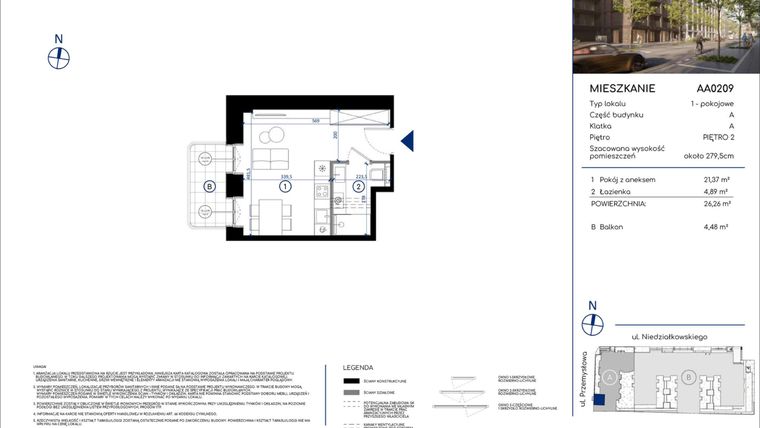 Rzut - Mieszkanie na sprzedaż 1 pokój o powierzchni 26,26 m² - numer AA0209 w Niedziałkowskiego Park
