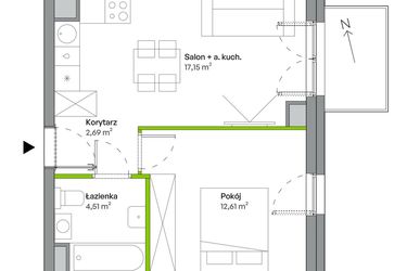 Rzut - Mieszkanie na sprzedaż 2 pokoje o powierzchni 36,96 m² - numer B.03.04.02 w WUWA Vita