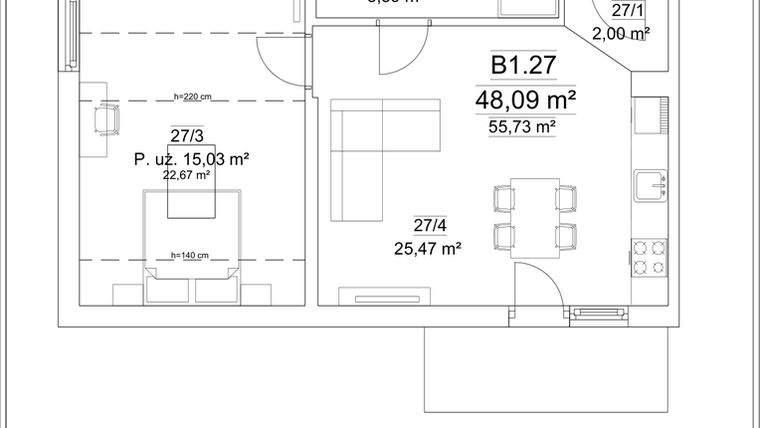 Rzut - Mieszkanie na sprzedaż 2 pokoje o powierzchni 48,09 m² - numer B1.27 w Osiedle Versus