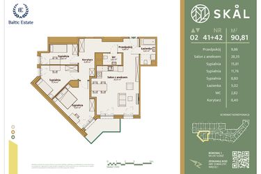 Rzut - Mieszkanie na sprzedaż 1 pokój o powierzchni 90,81 m² - numer M.41+42 w Skal