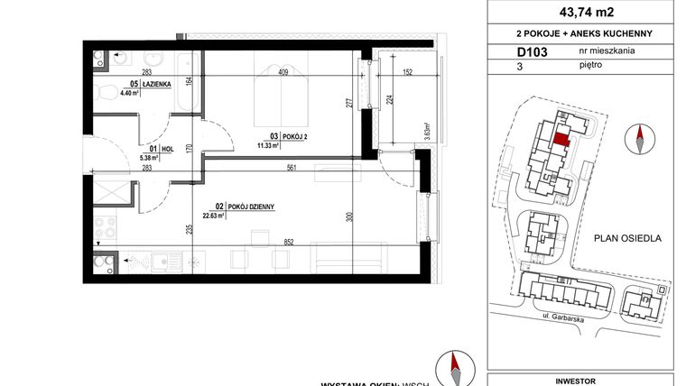 Rzut - Mieszkanie na sprzedaż 2 pokoje o powierzchni 43,74 m² - numer D.103 w Garbarska Urban Koncept