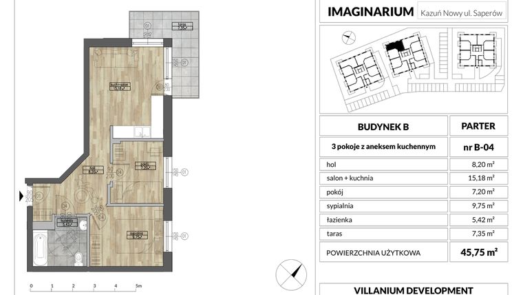 Rzut - Mieszkanie na sprzedaż 3 pokoje o powierzchni 45,75 m² - numer 4 w Imaginarium Kazuń Nowy - bud. B