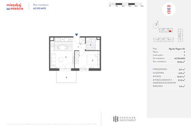 Rzut - Mieszkanie na sprzedaż 2 pokoje o powierzchni 35,51 m² - numer A2.103.M03 w Mieszkaj w mieście - Ogrody Glogera
