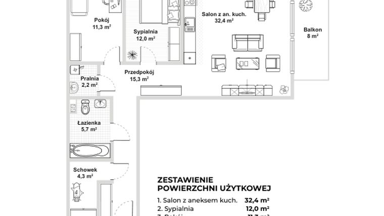 Rzut - Mieszkanie na sprzedaż 3 pokoje o powierzchni 83,2 m² - numer M20 w Apartamenty przy parku