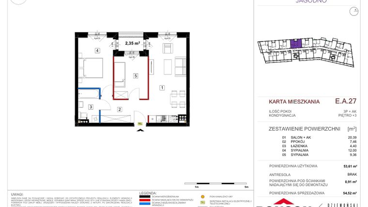 Rzut - Mieszkanie na sprzedaż 3 pokoje o powierzchni 53,78 m² - numer EA_27 w Viva Jagodno etap III