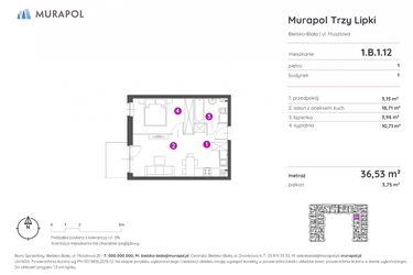Rzut - Mieszkanie na sprzedaż 2 pokoje o powierzchni 36,53 m² - numer 1.B.1.12 w Murapol Trzy Lipki