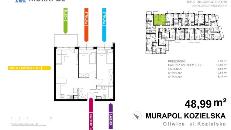 Rzut - Mieszkanie na sprzedaż 3 pokoje o powierzchni 48,99 m² - numer 7.2.16 w Murapol Osiedle Parkowe