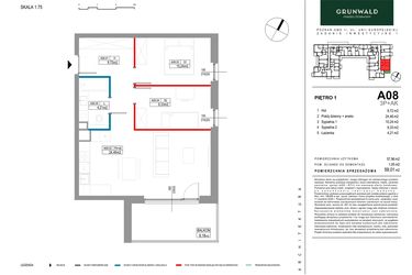 Rzut - Mieszkanie na sprzedaż 3 pokoje o powierzchni 59,01 m² - numer A008 w Grunwald Między Drzewami etap II
