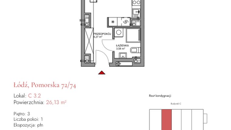 Rzut - Mieszkanie na sprzedaż 1 pokój o powierzchni 26,13 m² - numer C 3.2 w Melody Loft