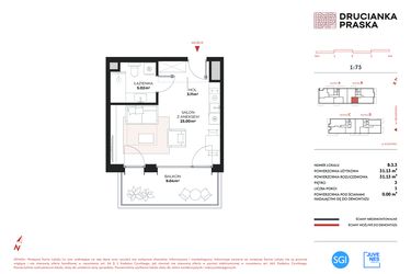 Rzut - Mieszkanie na sprzedaż 1 pokój o powierzchni 31,13 m² - numer B.3.3 w Drucianka Praska