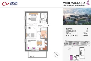 Rzut - Mieszkanie na sprzedaż 3 pokoje o powierzchni 54,1 m² - numer Bud.5-6 w Willa Magnolia