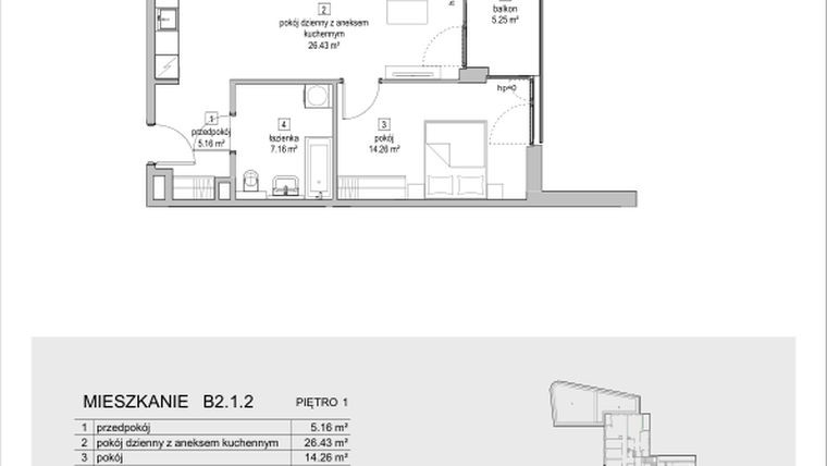 Rzut - Mieszkanie na sprzedaż 2 pokoje o powierzchni 53,01 m² - numer B2.1.2 w ATAL Symbioza IB
