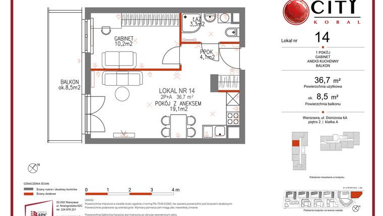 Rzut - Mieszkanie na sprzedaż 2 pokoje o powierzchni 36,7 m² - numer 14 w Comfort City Koral