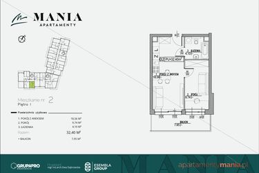 Rzut - Mieszkanie na sprzedaż 2 pokoje o powierzchni 32,4 m² - numer 2 w MANIA Apartamenty