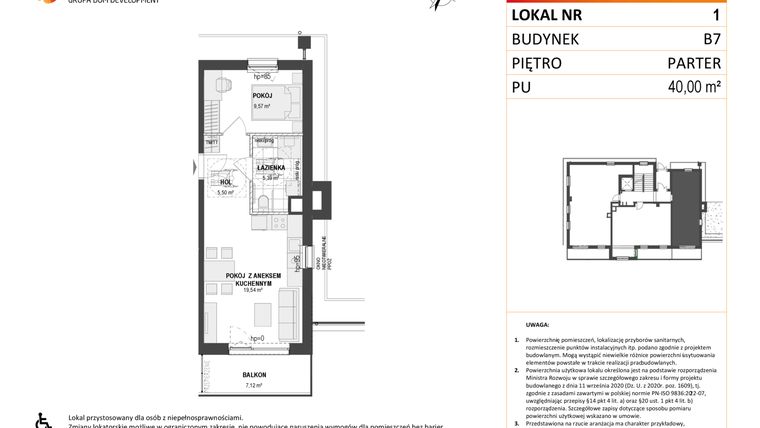 Rzut - Mieszkanie na sprzedaż 2 pokoje o powierzchni 40 m² - numer B7 1 w Wzgórze Markowca