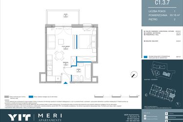 Rzut - Mieszkanie na sprzedaż 1 pokój o powierzchni 33,18 m² - numer C.1.3.7 w Meri Apartamenty