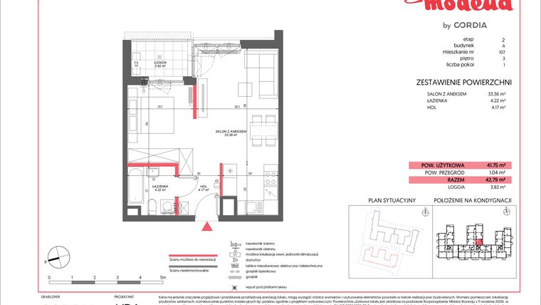 Rzut - Mieszkanie na sprzedaż 1 pokój o powierzchni 41,75 m² - numer A.107 w Modena II