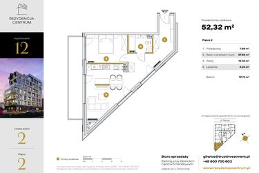 Rzut - Mieszkanie na sprzedaż 2 pokoje o powierzchni 52,32 m² - numer 12 w Rezydencja Centrum