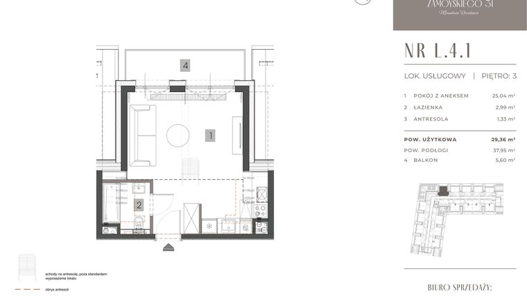 Rzut - Mieszkanie na sprzedaż 1 pokój o powierzchni 29,36 m² - numer L.4.1 w Zamoyskiego 31
