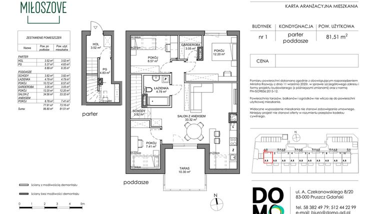 Rzut - Mieszkanie na sprzedaż 4 pokoje o powierzchni 82,61 m² - numer 1A w Miłoszove