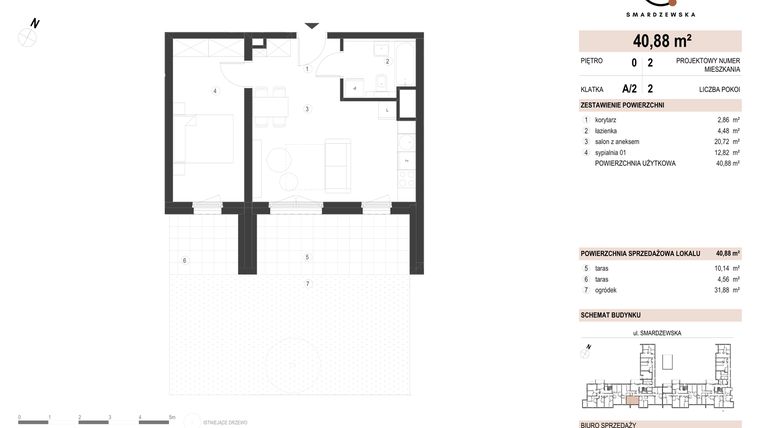 Rzut - Mieszkanie na sprzedaż 2 pokoje o powierzchni 40,88 m² - numer A/2/0.2 w Smardzewska 8