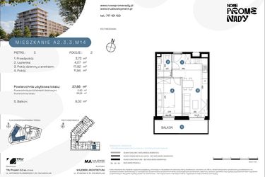 Rzut - Mieszkanie na sprzedaż 2 pokoje o powierzchni 37,66 m² - numer A2.3.3.M14 w Nowe Promenady