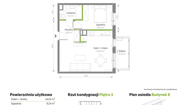 Rzut - Mieszkanie na sprzedaż 2 pokoje o powierzchni 42,95 m² - numer E/040 w Bemosphere