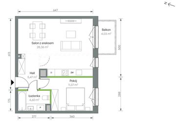 Rzut - Mieszkanie na sprzedaż 2 pokoje o powierzchni 49,8 m² - numer 3/B/3/59 w Oliwska Vita