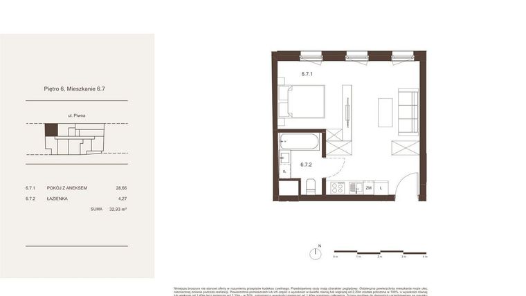 Rzut - Mieszkanie na sprzedaż 1 pokój o powierzchni 32,93 m² - numer 6.7 w Piwna 21