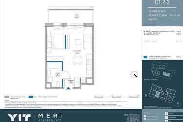 Rzut - Mieszkanie na sprzedaż 1 pokój o powierzchni 34,21 m² - numer C.1.2.3 w Meri Apartamenty