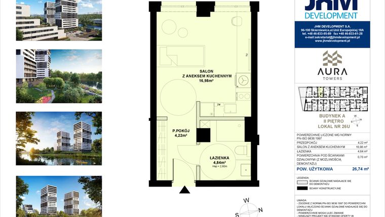 Rzut - Mieszkanie na sprzedaż 1 pokój o powierzchni 26,74 m² - numer A.2.26U w Aura Towers
