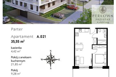 Rzut - Mieszkanie na sprzedaż 2 pokoje o powierzchni 35,55 m² - numer A.021 w Perłowa Przystań - Kołobrzeg - etap II