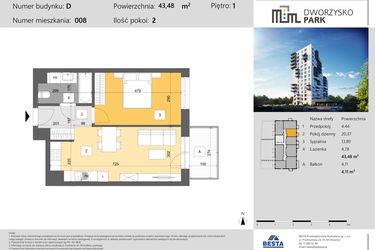 Rzut - Mieszkanie na sprzedaż 2 pokoje o powierzchni 43,48 m² - numer 8 w Dworzysko Park - Etap III