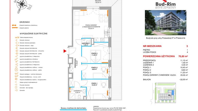 Rzut - Mieszkanie na sprzedaż 4 pokoje o powierzchni 70,8 m² - numer 3 w Puławska 27