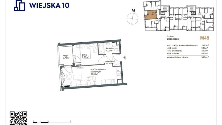 Rzut - Mieszkanie na sprzedaż 2 pokoje o powierzchni 36,94 m² - numer 48 w Wiejska 10