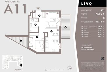 Rzut - Mieszkanie na sprzedaż 2 pokoje o powierzchni 45,16 m² - numer A11 w Livo