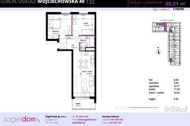 Rzut - Mieszkanie na sprzedaż 3 pokoje o powierzchni 59,21 m² - numer 132 w Wojciechowska Square