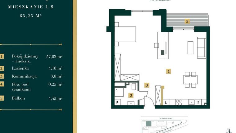 Rzut - Mieszkanie na sprzedaż 1 pokój o powierzchni 64,47 m² - numer 1.8 w New Iron